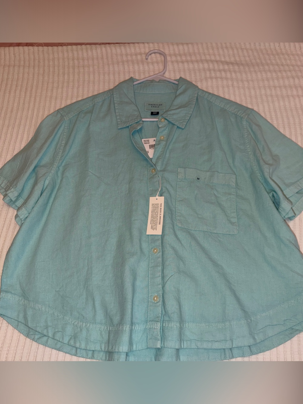 American Eagle Outfitters Light Aqua Short-Sleeve Button-Up Top
